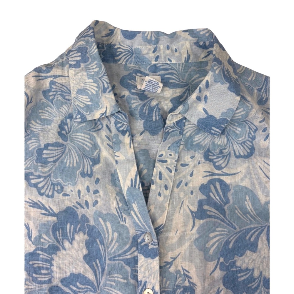 Sigrid Olsen Womens 100% Linen Button Down Shirt Plus 1X Blue Floral Resort